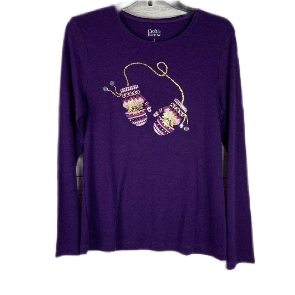 NWT Croft and Barrow Purple Mitten Print Long Sleeves Shirt Size M